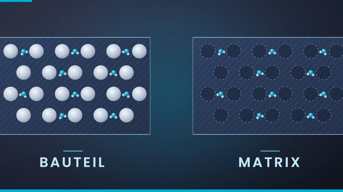 Schema zweier Querschnitte durch glasfaserverstärktes Polyamid: links mit Glasfasern, rechts nur die Matrix; Wassermoleküle liegen jeweils nur in der Matrix